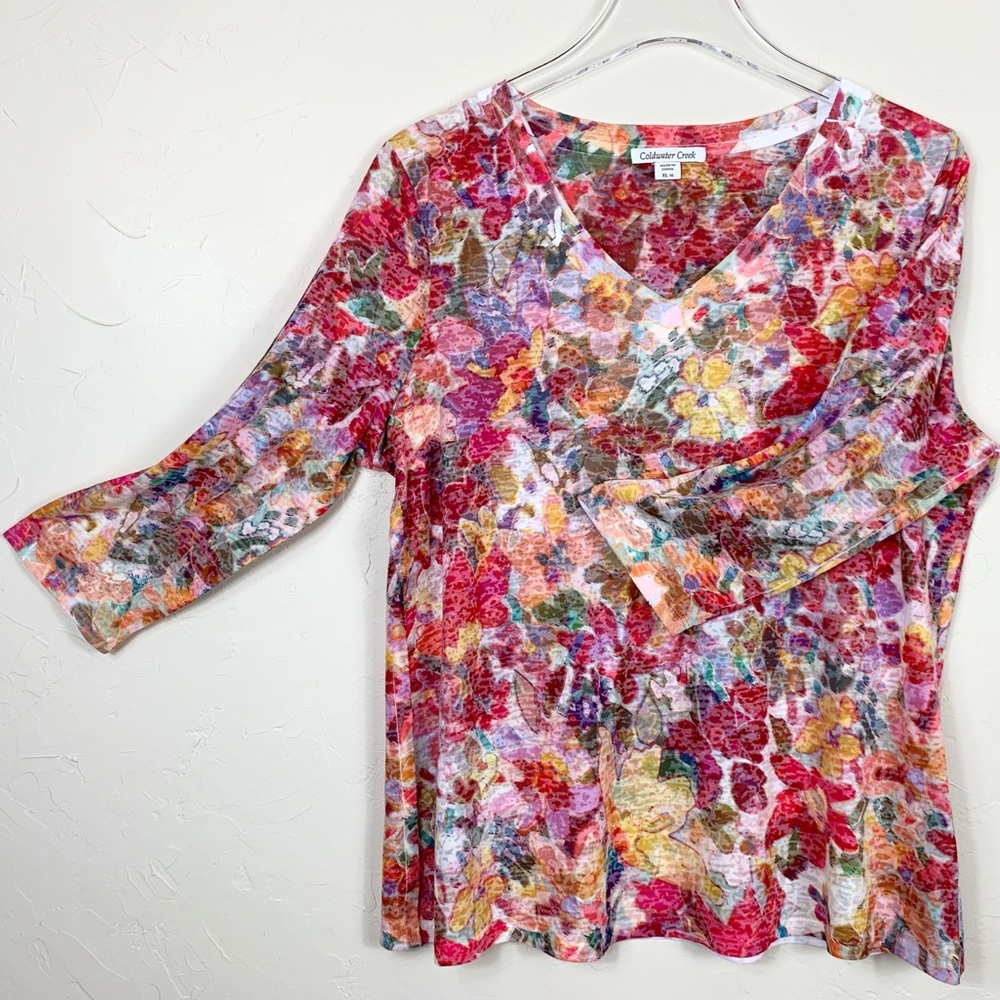 COLDWATER CREEK Sheer Floral Watercolor Top XL 16